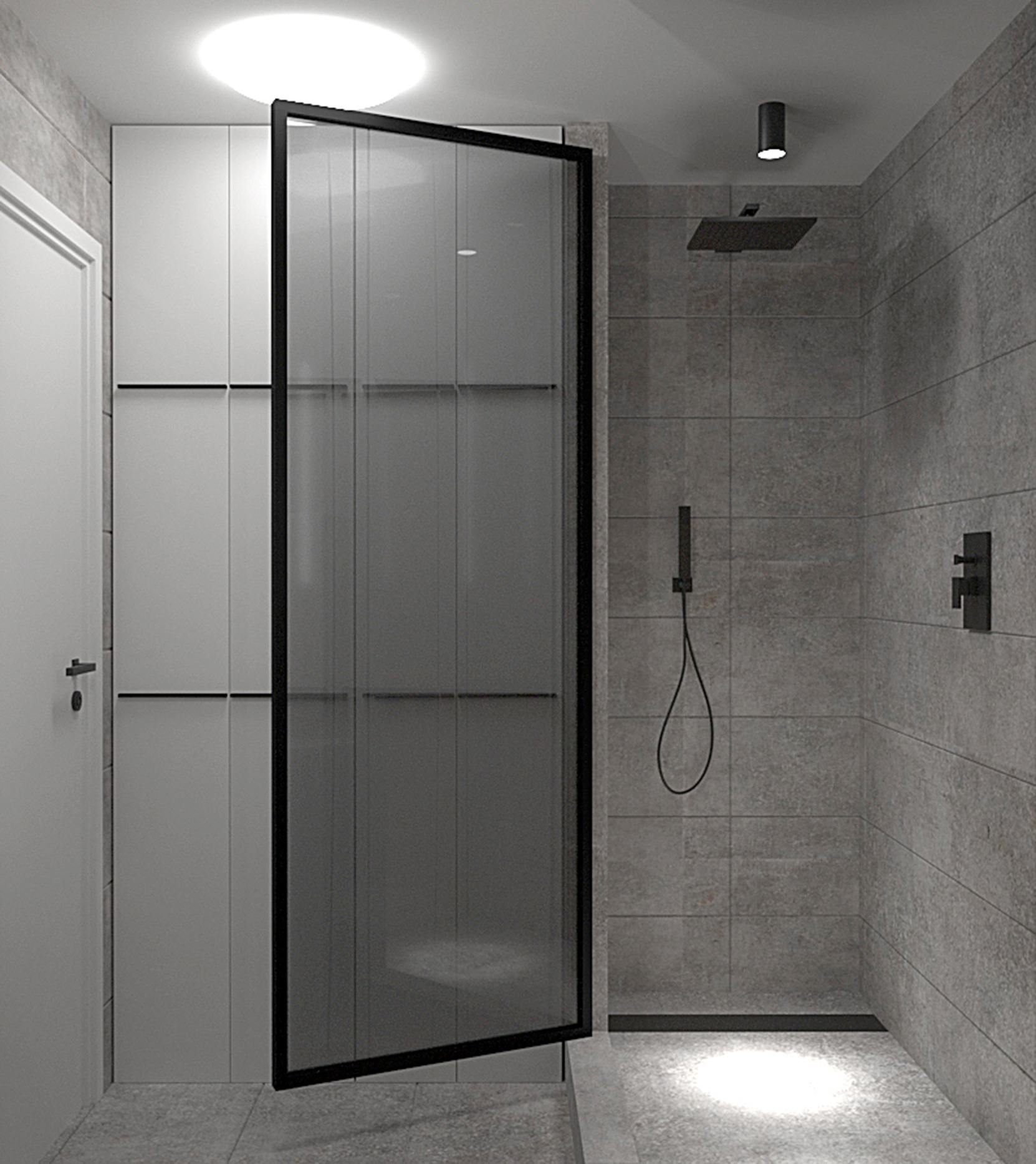 Nowoczesna łazienka z szarą, kwadratową armaturą, czarną ramą kabiny prysznicowej i minimalistycznymi szafkami w odcieniach szarości.