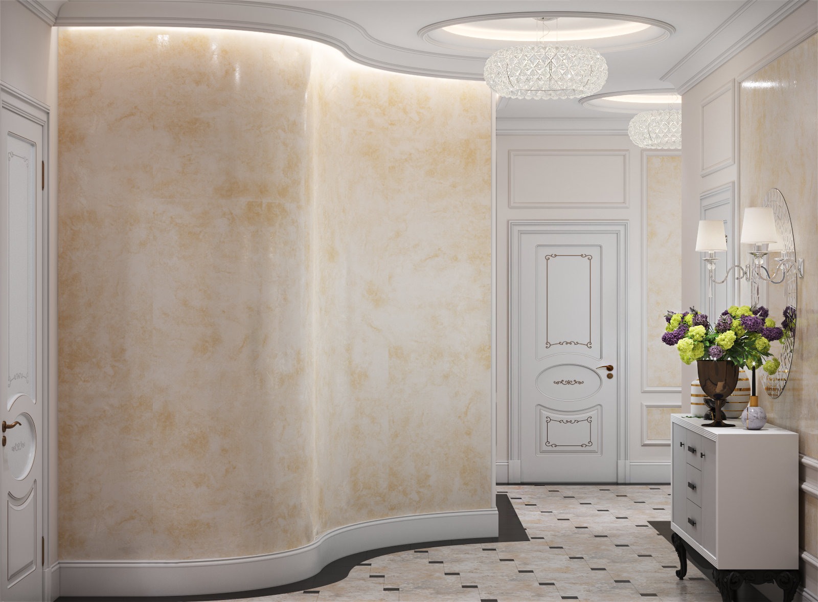 Elegancki przedpokój z dekoracyjną ścianą w odcieniach beżu, oświetlony listwą LED przy suficie, z kryształowymi żyrandolami i marmurową podłogą w szachownicę.