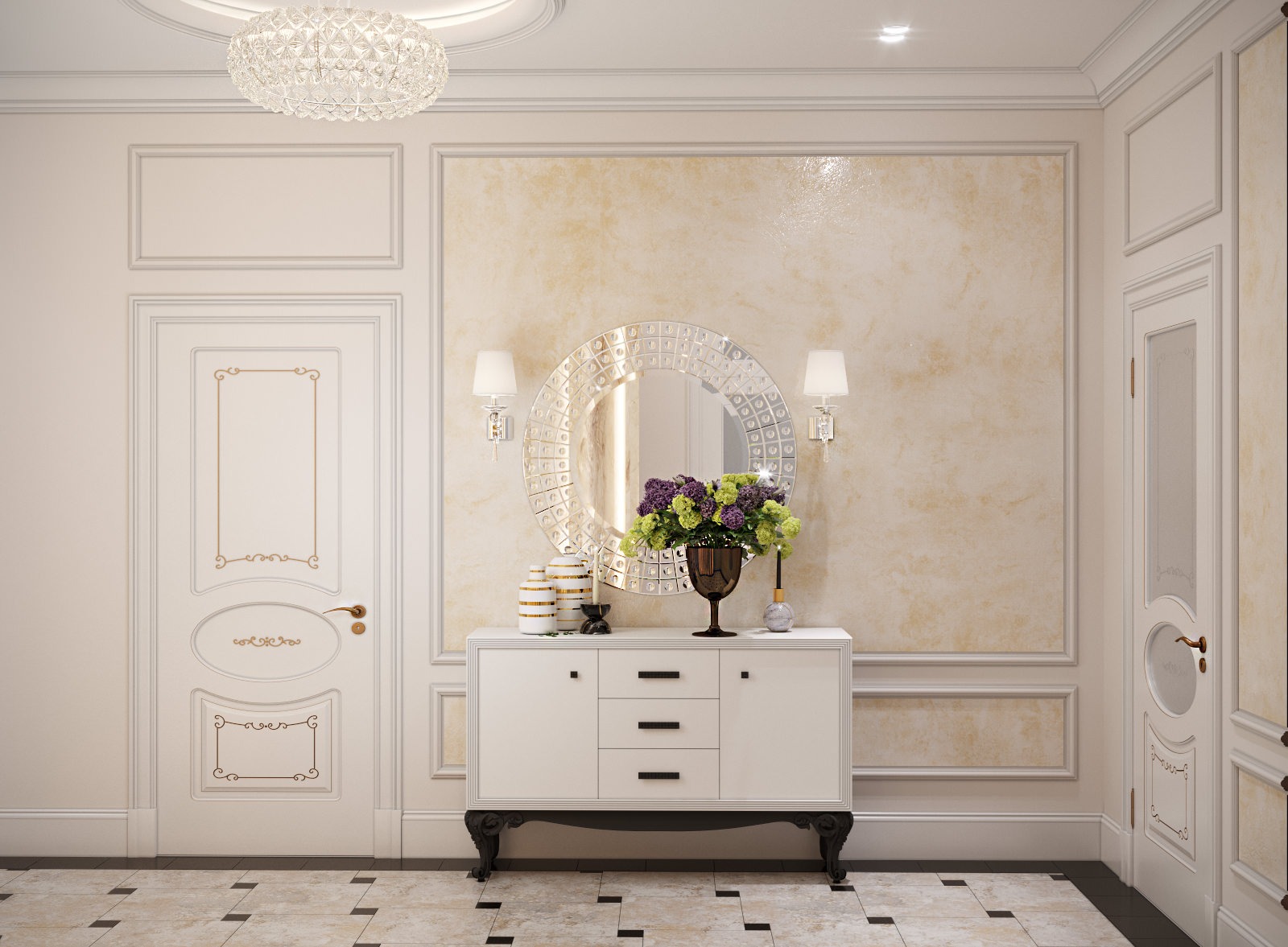Eleganckie wnętrze w neutralnych barwach: kremowe ściany z dekoracyjną fakturą, biała komoda z bukietem kwiatów pod okrągłym lustrem zdobionym kryształkami, parkiet w beżowo-czarną szachownicę...