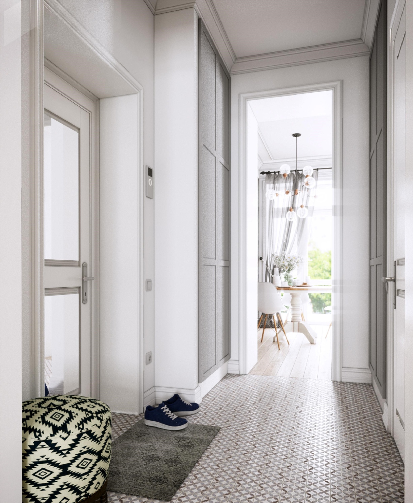 Elegancki przedpokój w jasnych barwach z wzorzystą podłogą, pufą w etniczne wzory i niebieskimi butami na dywaniku, widok na jadalnię z kwiatami i nowoczesną lampą przez otwarte drzwi.