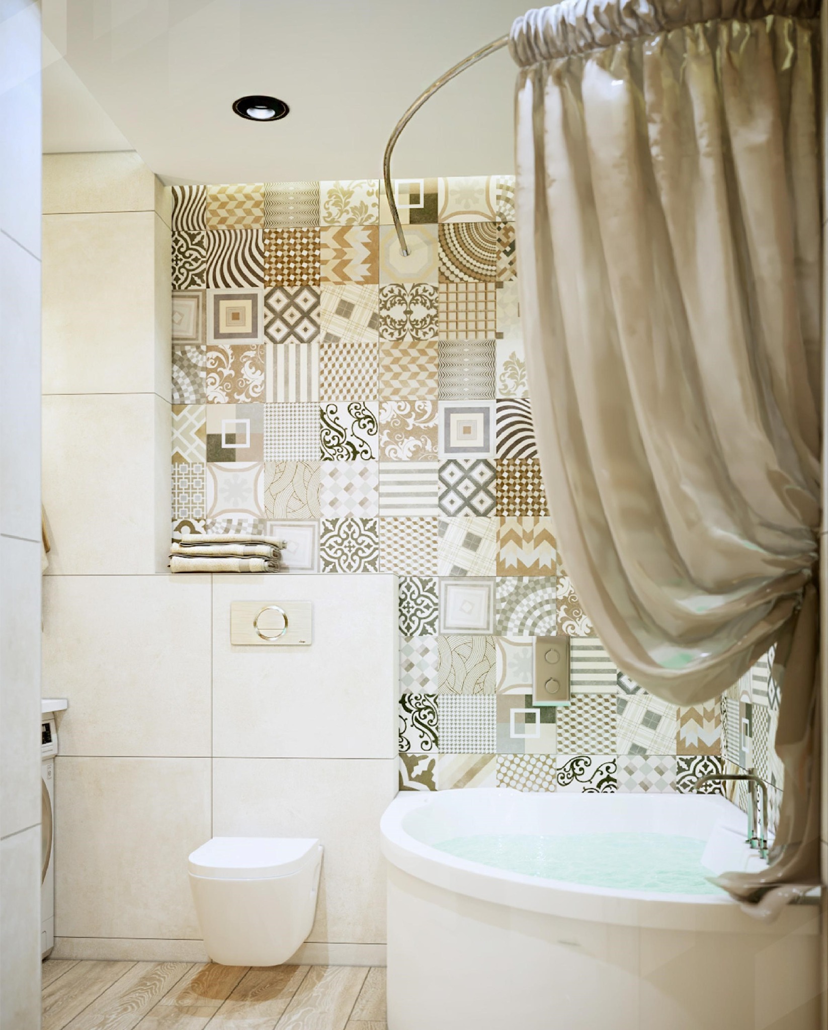 Nowoczesna łazienka z mozaiką płytek, białą wanną wypełnioną wodą, toaletą podwieszaną i zasłoną prysznicową w odcieniach beżu.