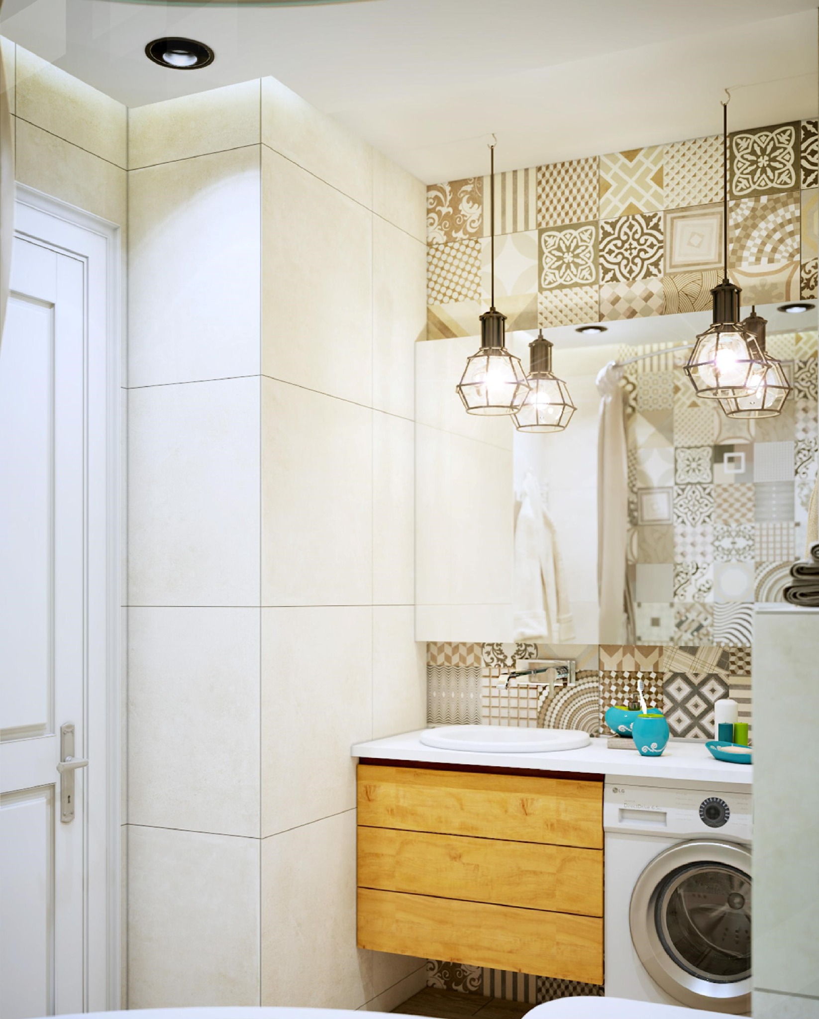 Wnętrze łazienki z umywalką na drewnianej szafce, pralką LG, wzorzystymi płytkami nad blatem i trzema industrialnymi lampami wiszącymi.