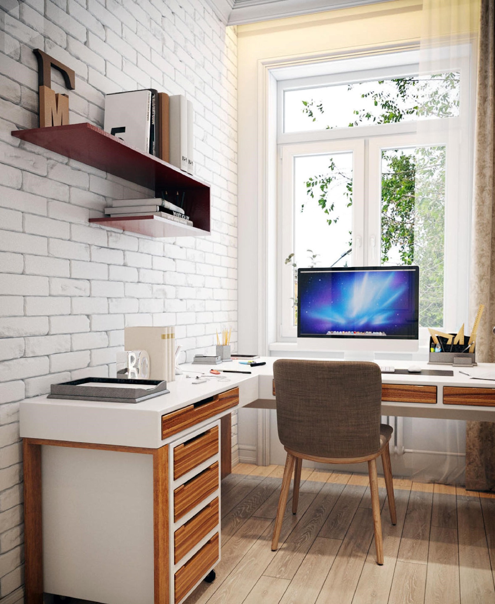 Jasne biuro z białej cegły z drewnianymi akcentami, biurko z komputerem przy oknie, drewniana podłoga i półki na ścianie.