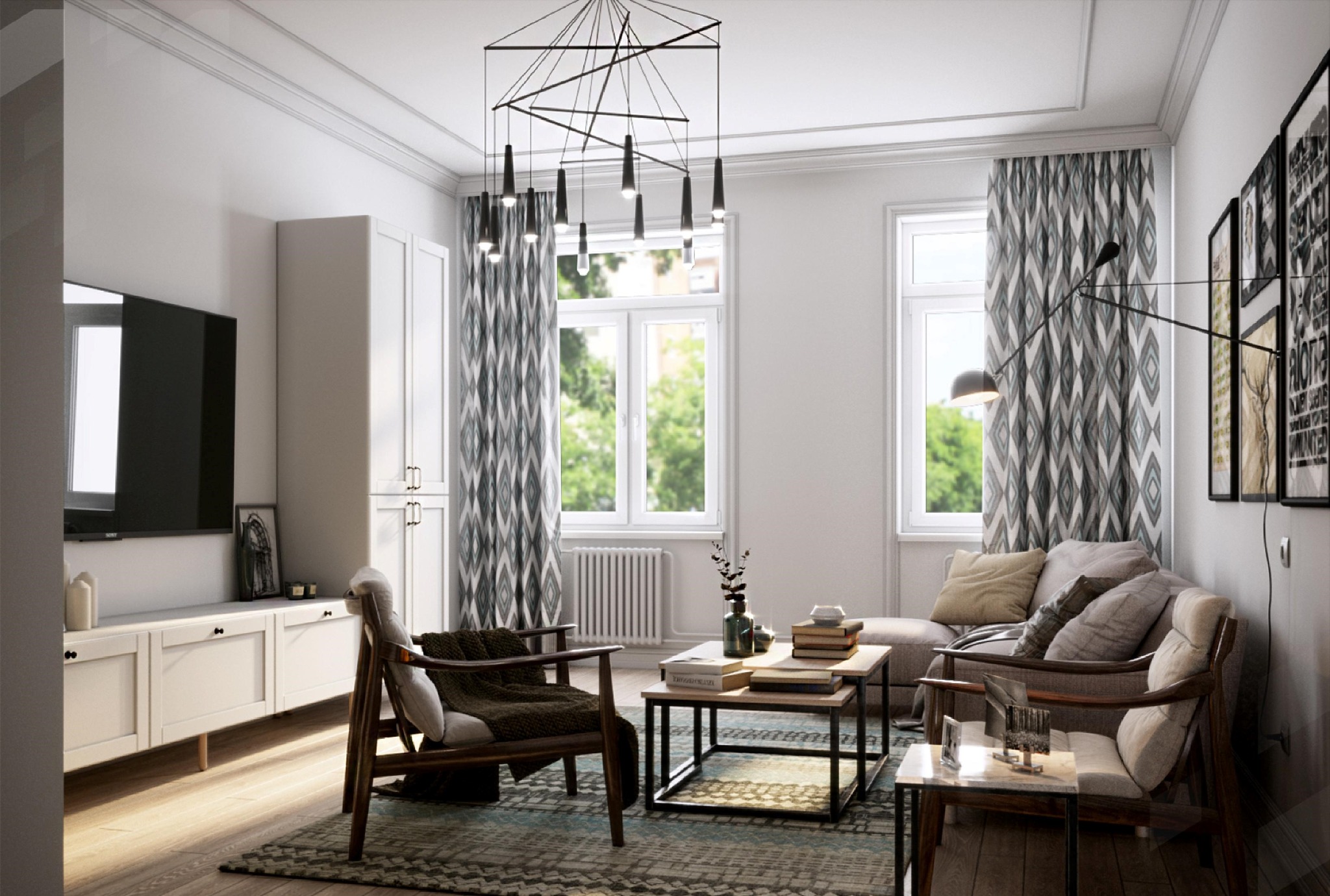 Jasne, przestronne wnętrze salonu z drewnianymi meblami, wzorzystymi zasłonami i geometryczną lampą wiszącą; widoczne gładkie, białe ściany i listwy przypodłogowe.