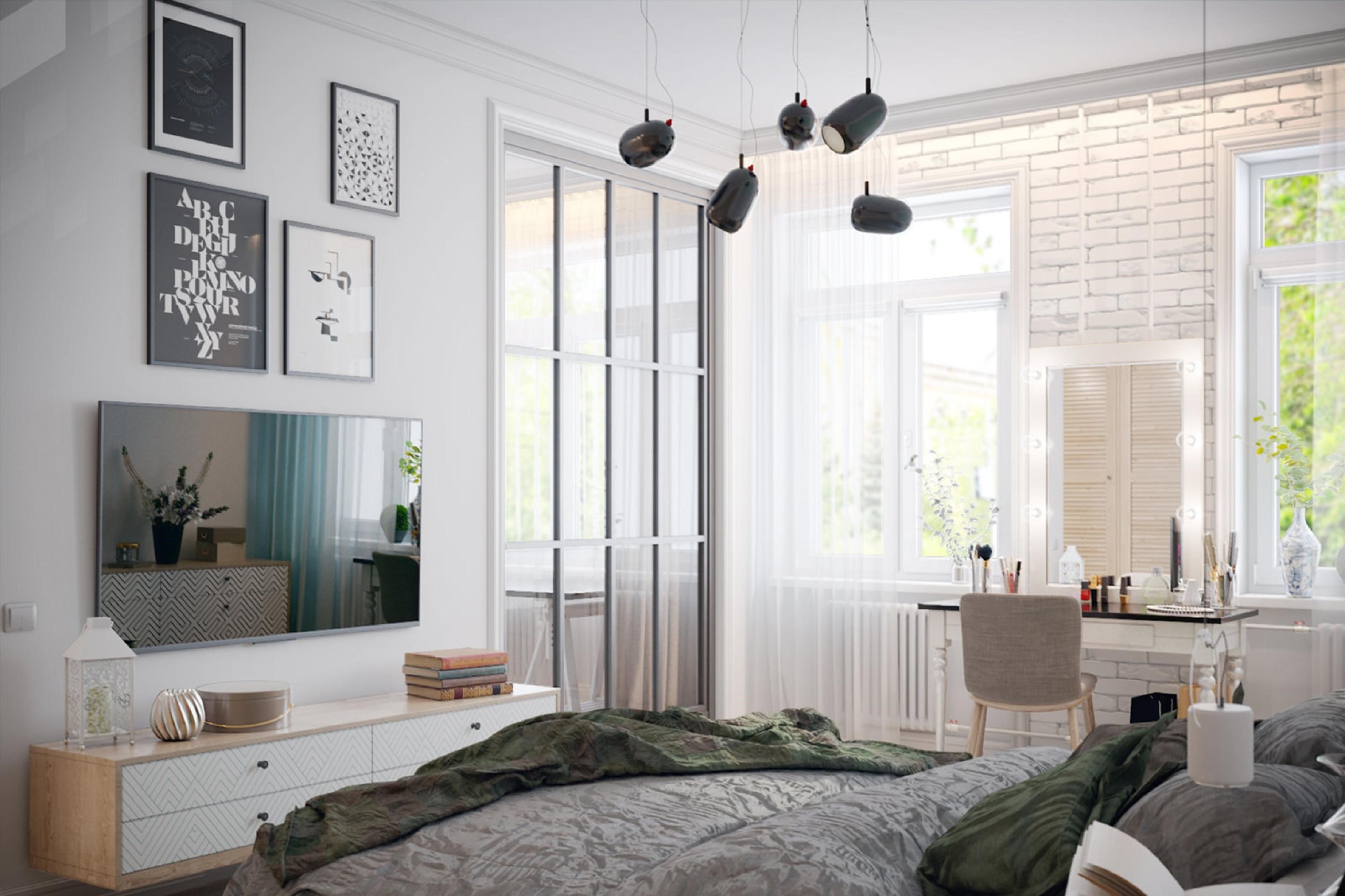 Jasna sypialnia z łóżkiem w odcieniach szarości i zieleni, modernistycznymi lampami wiszącymi, toaletką z lustrem i ceglaną ścianą w tle.