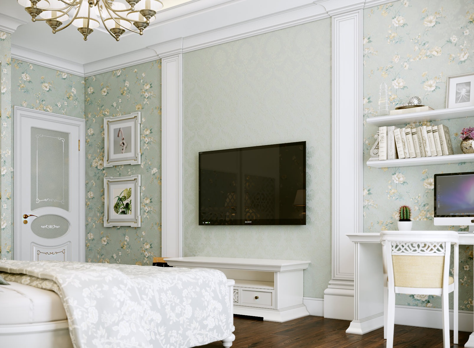 Elegancka sypialnia w stylu klasycznym z tapetą w kwiaty, białymi meblami, telewizorem na ścianie i dekoracyjnym oświetleniem.