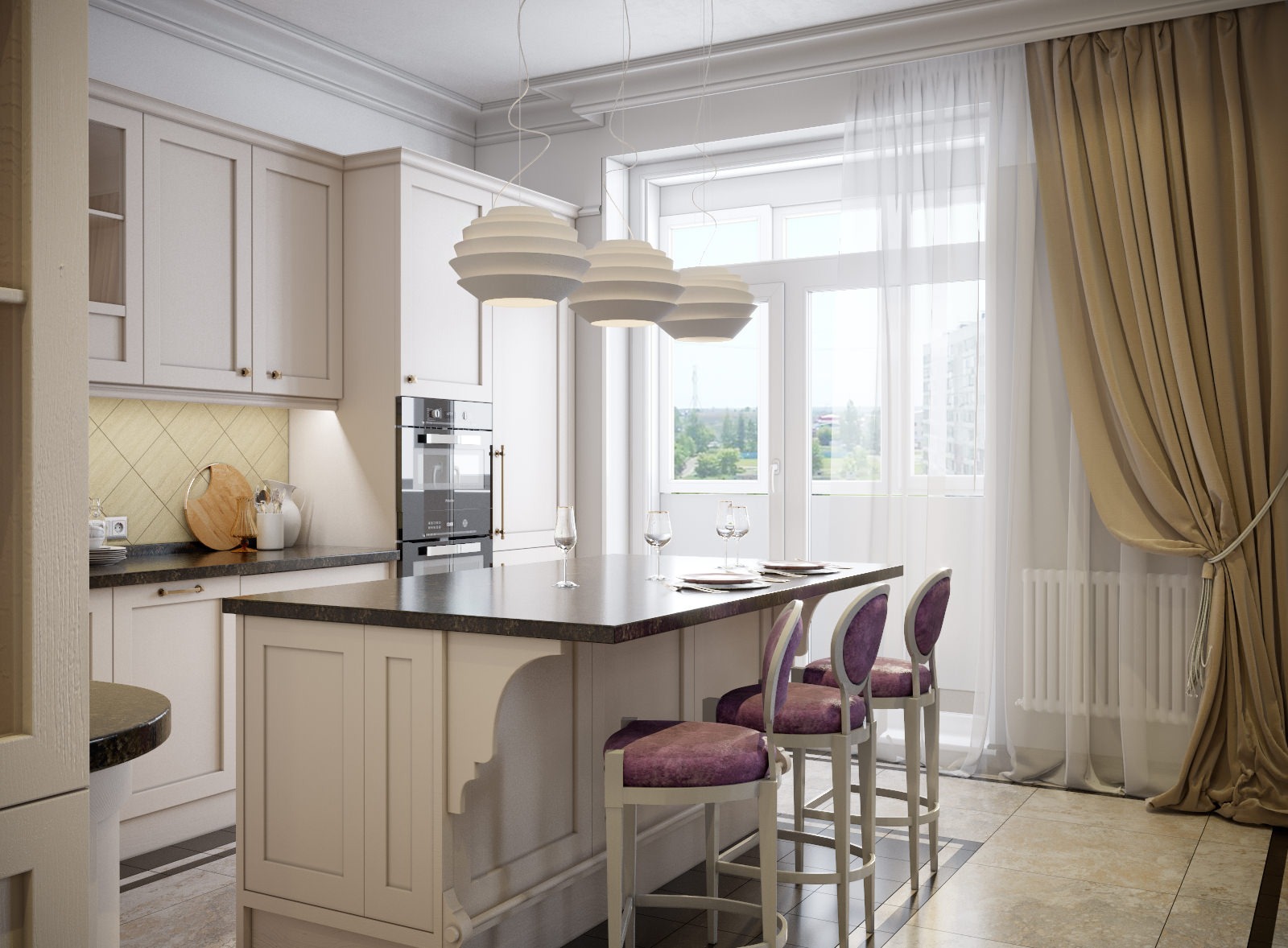 Jasna kuchnia z wyspą, trzema krzesłami barowymi z fioletową tapicerką, okrągłymi lampami wiszącymi i widokiem na zieleń za oknem.