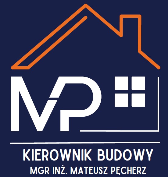 Logo firmy z pomarańczowym konturem domu, białymi inicjałami 'MP', napisem 'KIEROWNIK BUDOWY' oraz imieniem i nazwiskiem 'MGR INŻ. MATEUSZ PĘCHERZ' na granatowym tle.