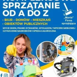 Reklama firmy sprzątającej: uśmiechnięta kobieta w żółtej rękawicy wskazuje na widza, obok środki czystości, okno myte robotem, osoba spryskująca szybę płynem i odkurzacz piorący Karcher.