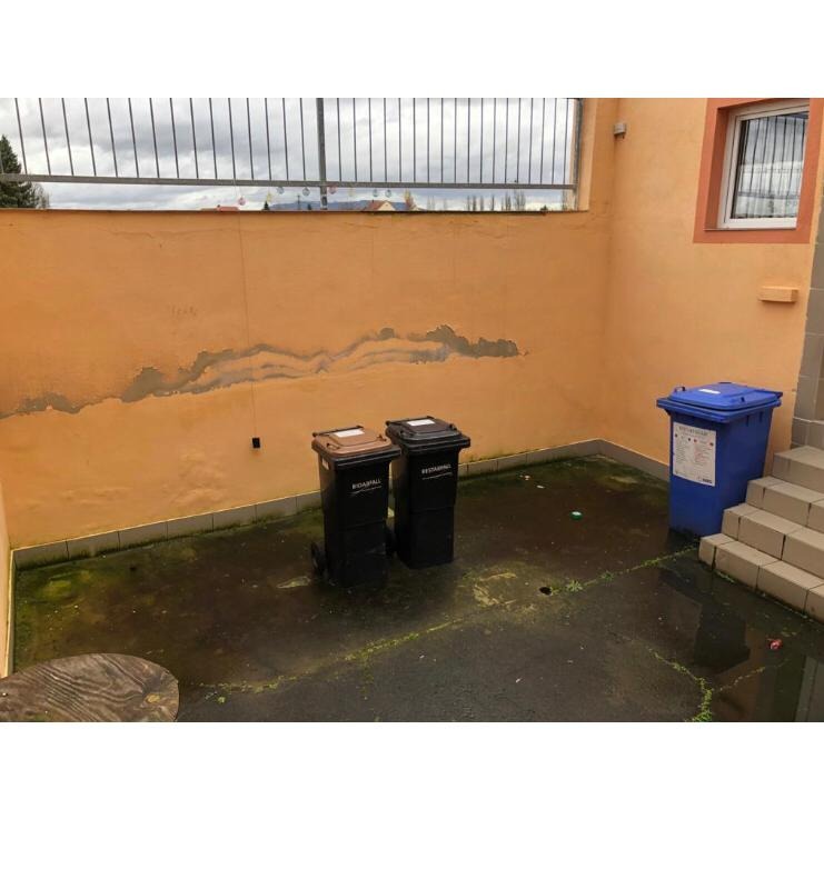 Zewnętrzna ściana budynku z odpadającą farbą, widoczne dwa czarne pojemniki na śmieci i jeden niebieski, mokra powierzchnia z zielonym nalotem.