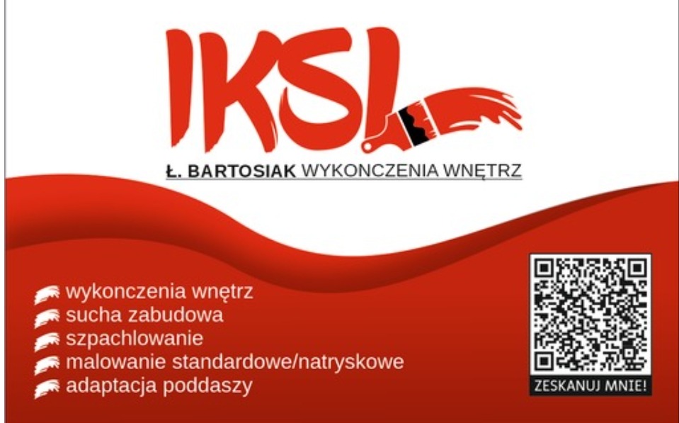 Wizytówka firmy IKSŁ Ł. Bartosiak Wykończenia Wnętrz z czerwonym logo, pędzlem i listą usług: wykończenia wnętrz, sucha zabudowa, szpachlowanie, malowanie standardowe/natryskowe, adaptacja poddaszy...