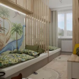 Pokój dziecięcy z dwoma łóżkami oddzielonymi drewnianą przegrodą, na ścianie tapeta z motywem prehistorycznym, rośliny w doniczce w rogu pokoju.