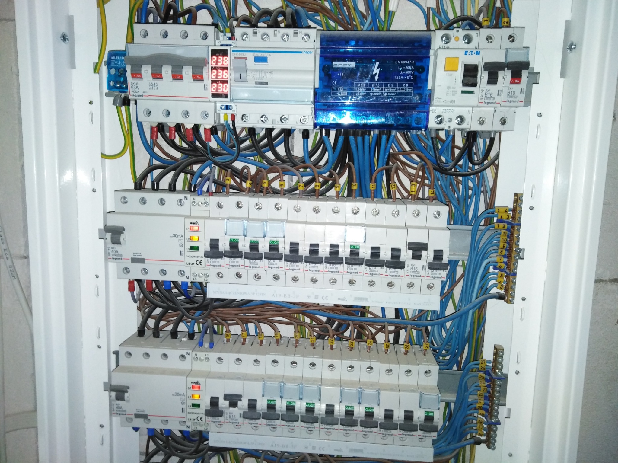 Rozdzielnica elektryczna z licznymi przewodami i zabezpieczeniami, widoczne bezpieczniki różnych marek, miernik napięcia i oznaczenia na kablach.