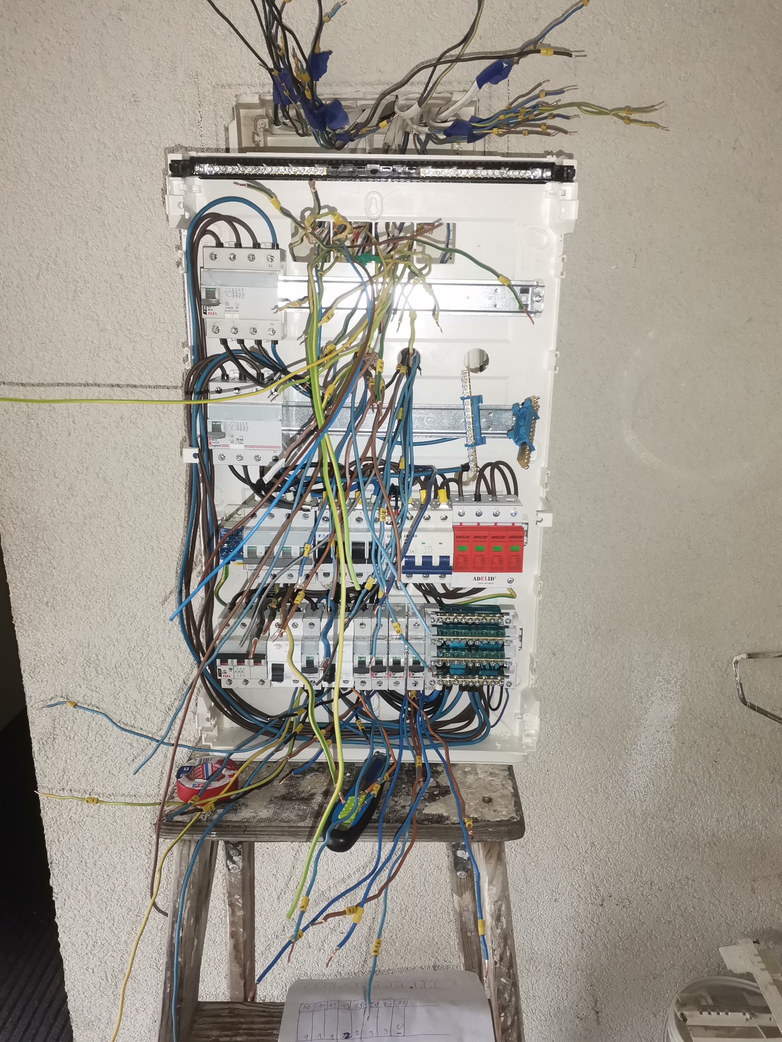 Otwarta skrzynka rozdzielcza na drabince z widocznymi przewodami elektrycznymi w trakcie montażu, notatki na kartce poniżej.