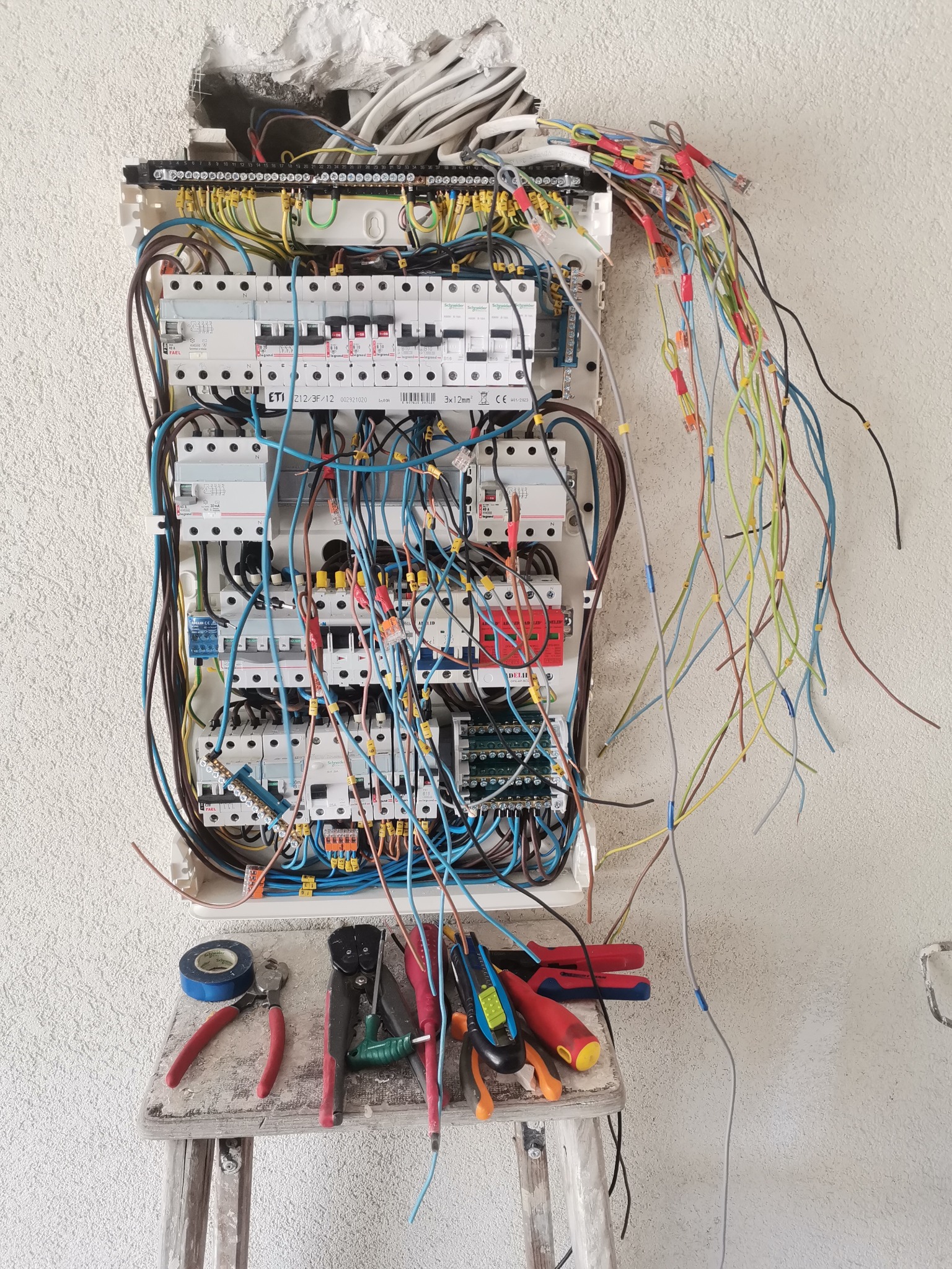 Rozdzielnica elektryczna w trakcie montażu, widoczne liczne przewody, zabezpieczenia i narzędzia na drabince, ściana z surowym wykończeniem.