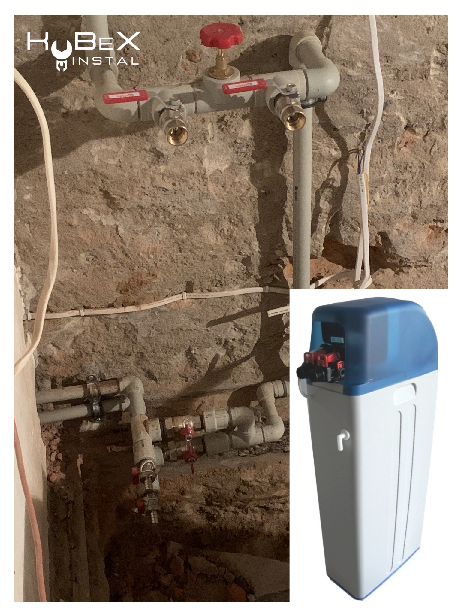 Fragment instalacji hydraulicznej z zaworami i rurami na tle surowej, kamiennej ściany oraz zmiękczacz wody na białym tle.