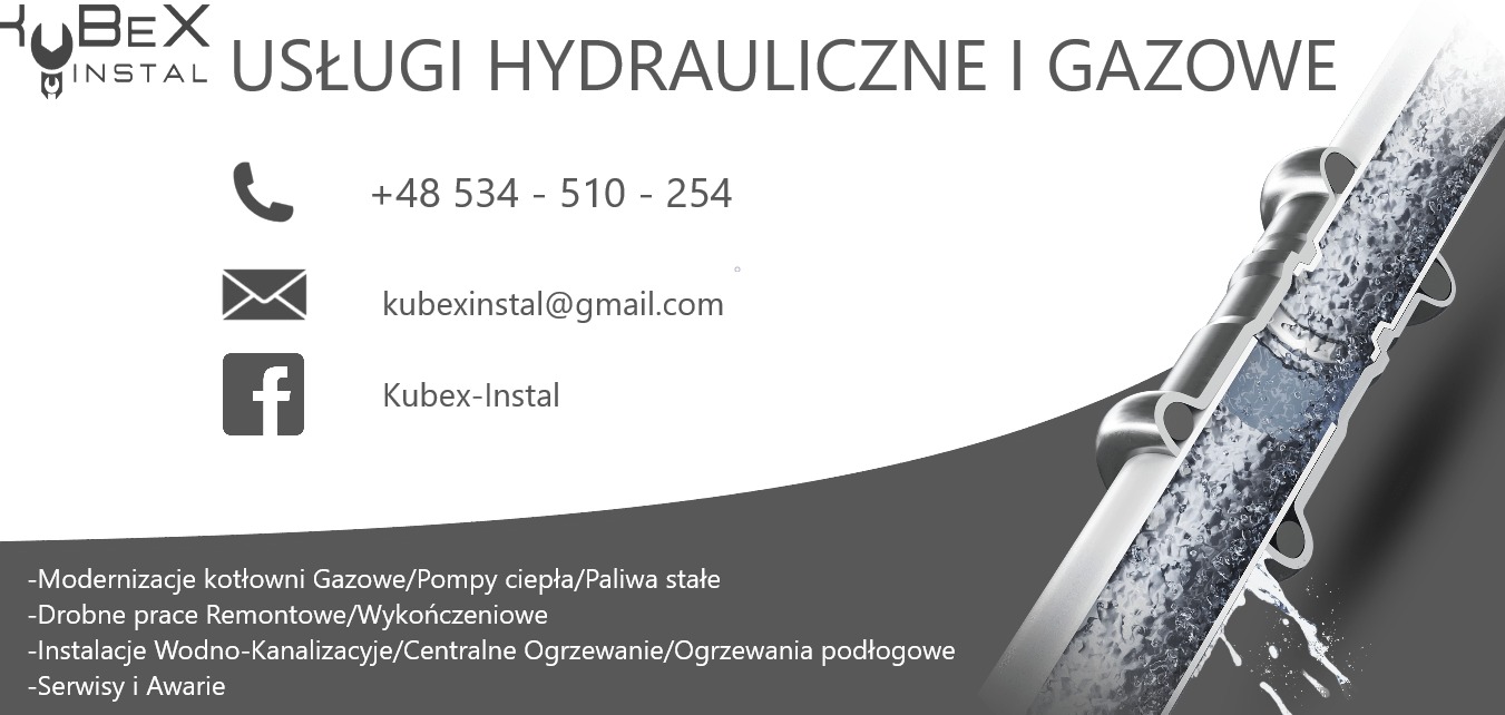 Grafika reklamowa firmy Kubex-Instal oferującej usługi hydrauliczne i gazowe, z widocznymi danymi kontaktowymi i przekrojem rury z przepływającą wodą.