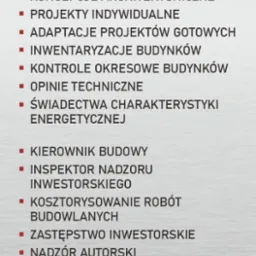 Grafika prezentująca ofertę biura projektowego z zakresu budownictwa, w tym projekty budowlane, wykonawcze, konstrukcyjne, adaptacje, inwentaryzacje, kontrole, opinie techniczne, świadectwa...