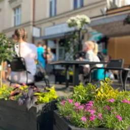 Kawiarniany ogródek z drewnianymi donicami pełnymi kolorowych kwiatów na pierwszym planie, w tle stoliki z klientami i fasada budynku.