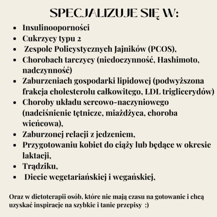 Tekst informacyjny: Lista specjalizacji, obejmująca insulinooporność, cukrzycę typu 2, PCOS, choroby tarczycy, zaburzenia lipidowe, choroby sercowo-naczyniowe, zaburzenia relacji z jedzeniem...
