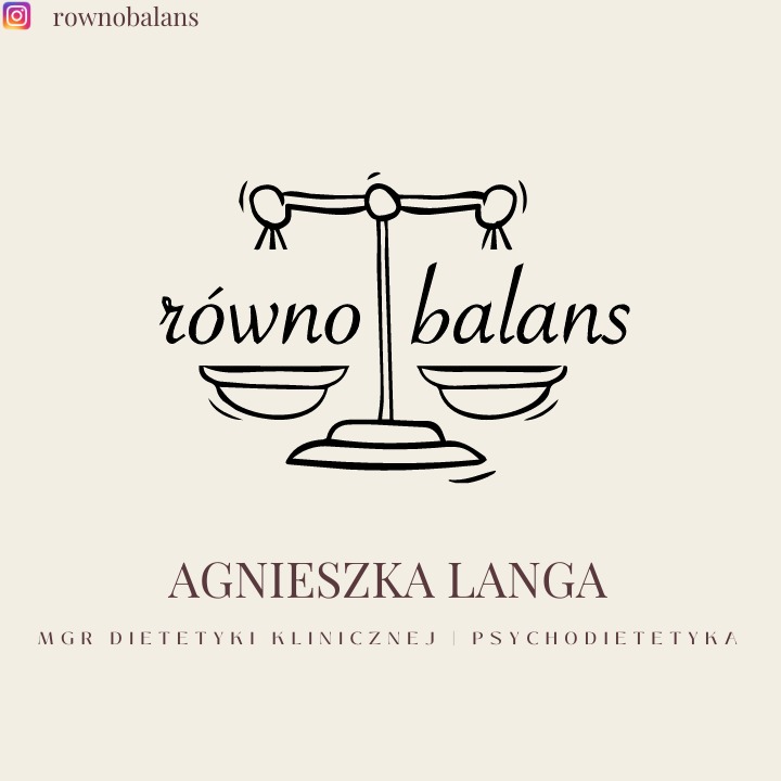 Logo firmy 'równo balans' Agnieszka Langa, mgr dietetyki klinicznej i psychodietetyka, z symbolem wagi szalkowej.