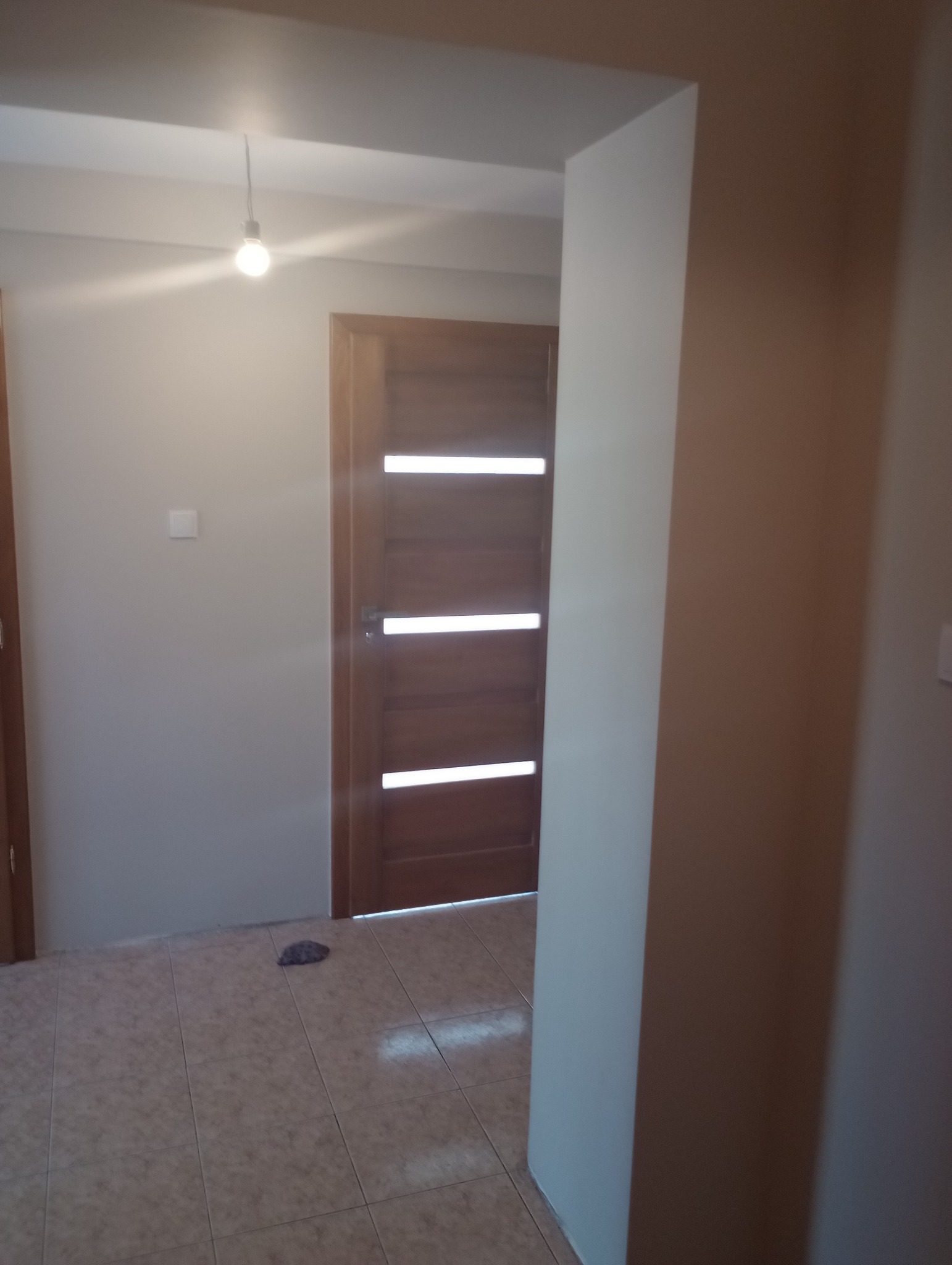 Wykończone wnętrze w Lututowie: pomalowane ściany w odcieniach beżu, drewniane drzwi z poziomymi przeszkleniami i ułożona podłoga z płytek ceramicznych.