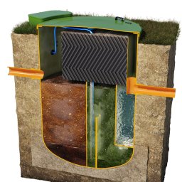 AVITECH MICHAŁ ARAK - Przekrój poprzeczny przydomowej oczyszczalni ścieków z widocznymi komorami, filtrem i rurami doprowadzającymi, umieszczonej w gruncie z trawą na powierzchni.