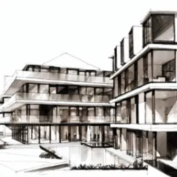 Szkic architektoniczny nowoczesnego, wielopiętrowego budynku z dużymi przeszkleniami i balkonami, otoczonego zielenią.