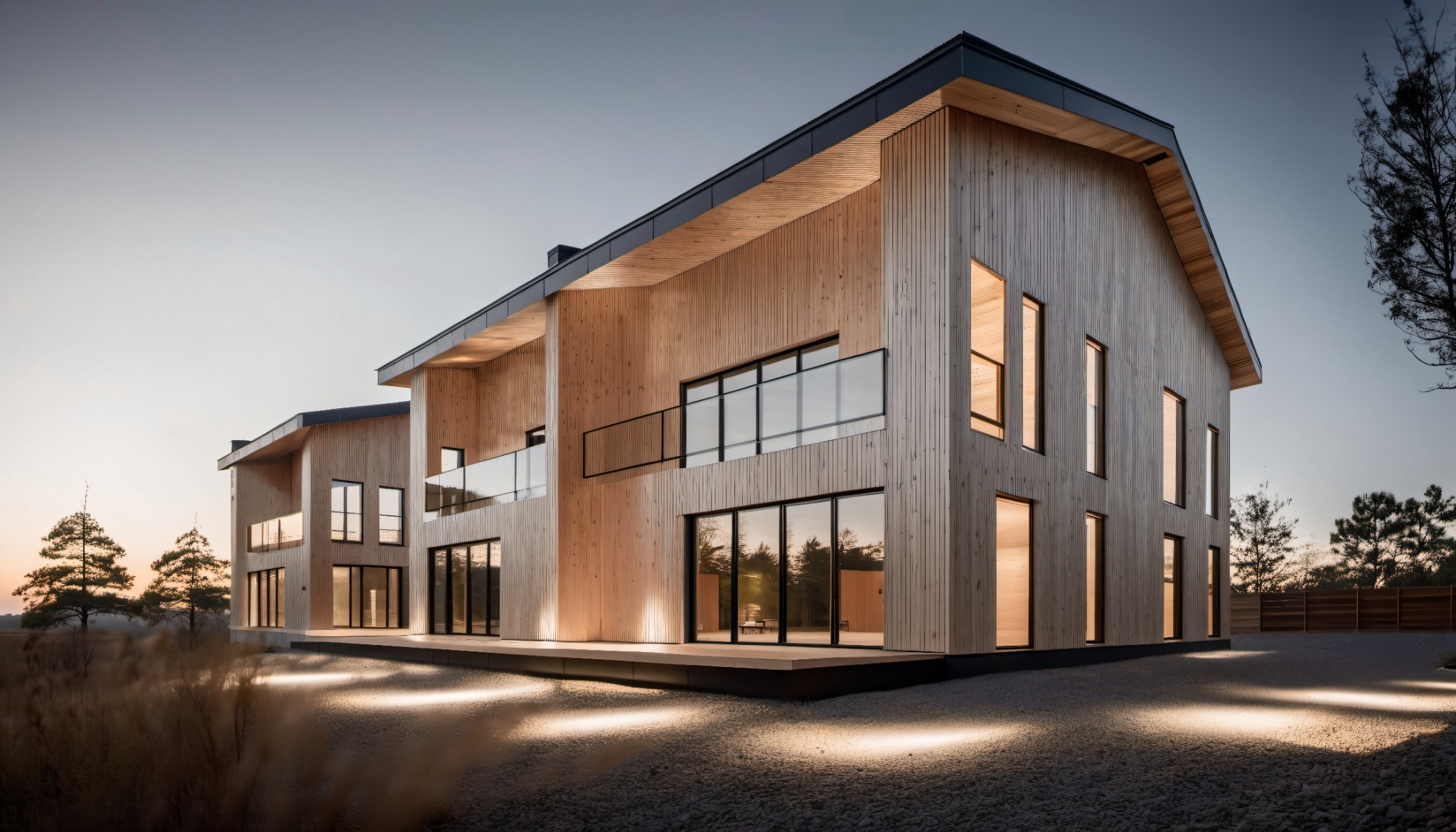 Nowoczesny, dwukondygnacyjny dom z drewnianą elewacją i dużymi oknami, oświetlony od dołu, z balkonem z szklaną balustradą, widoczny o zmierzchu na tle traw i drzew.