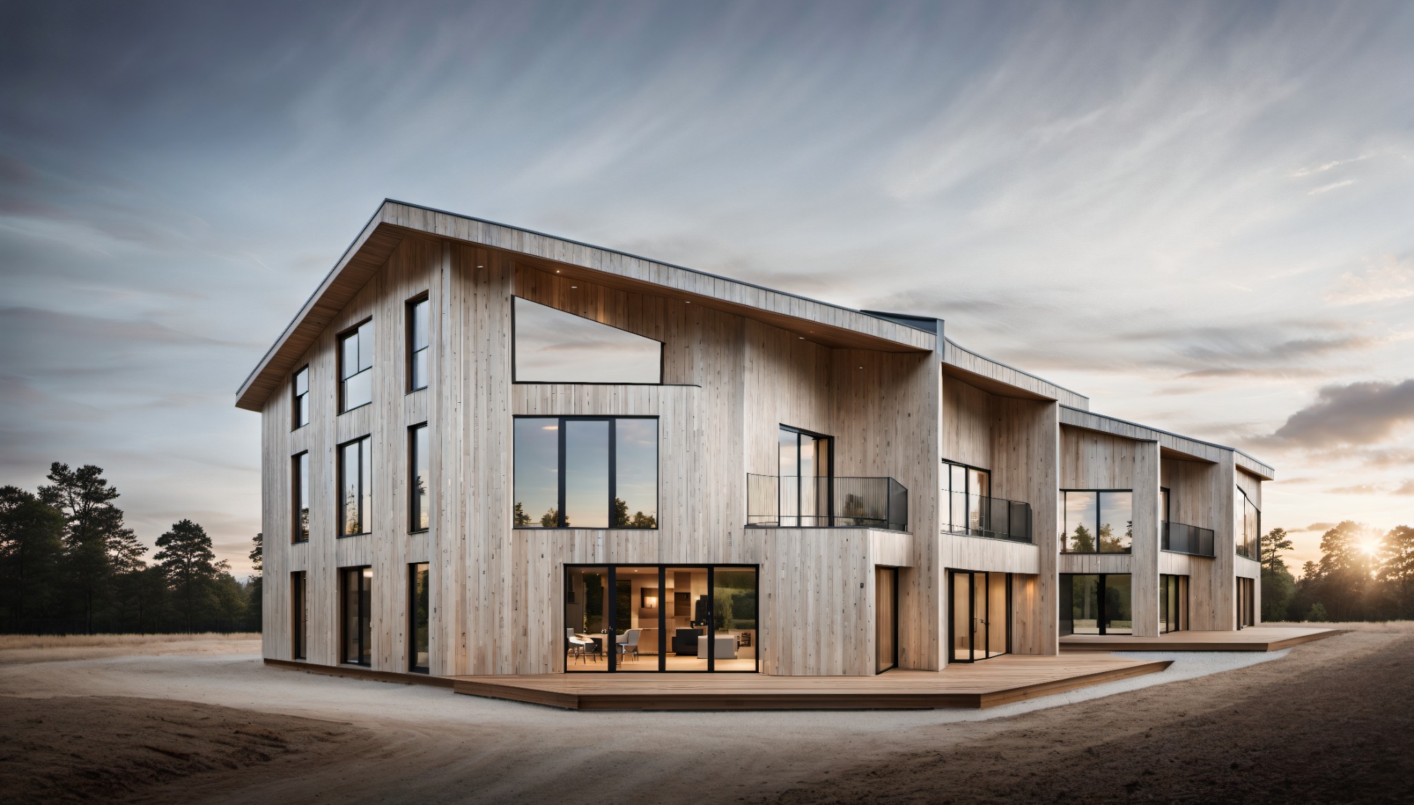 Nowoczesny dom z elewacją z jasnego drewna, z dużymi oknami i balkonami, otoczony naturalnym krajobrazem z drzewami i polną drogą.