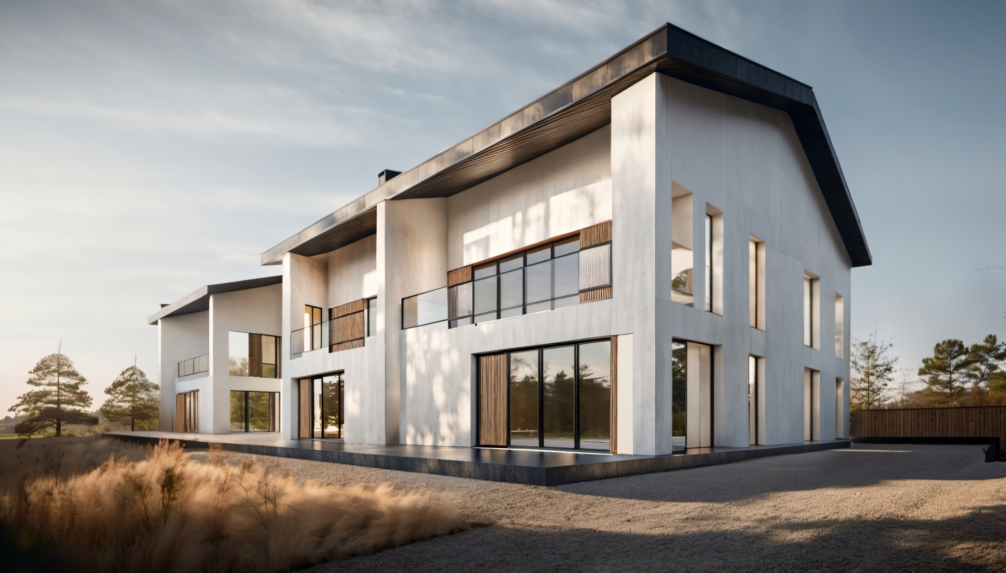 Nowoczesny, dwukondygnacyjny dom z płaskim dachem i dużymi przeszkleniami, otoczony ozdobnymi trawami i żwirowym podłożem, w ciepłym świetle popołudniowego słońca.