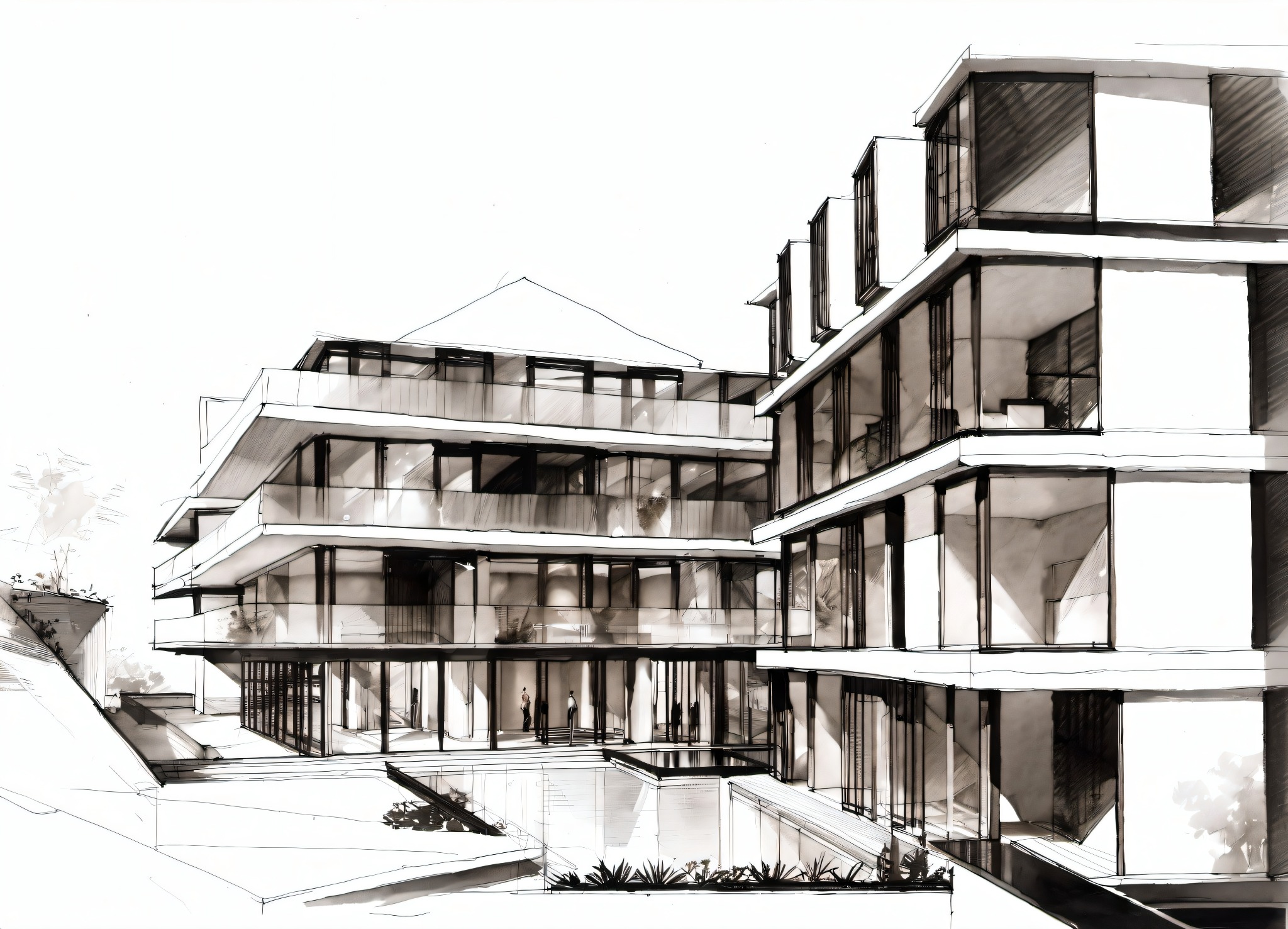 Szkic architektoniczny nowoczesnego, wielopiętrowego budynku z dużymi przeszkleniami i balkonami, otoczonego zielenią.