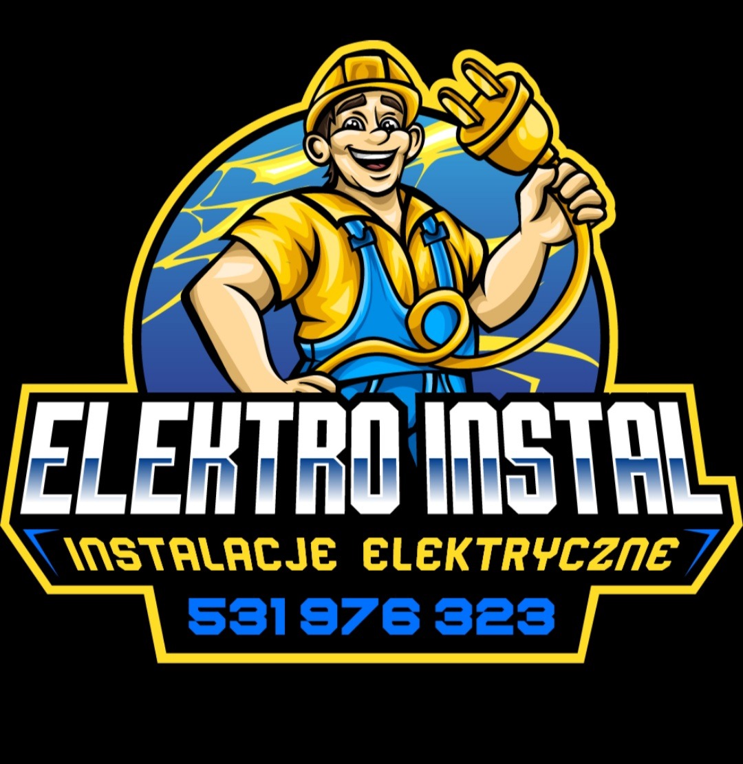 Kreskówkowy wizerunek elektryka w kasku trzymającego wtyczkę, logo firmy 'Elektro Instal' z numerem telefonu na czarnym tle z niebieskimi błyskawicami.