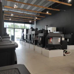 Wystawa czarnych wkładów kominkowych w sklepie z oknem na zieleń, pod industrialnym sufitem z drewnianymi belkami.