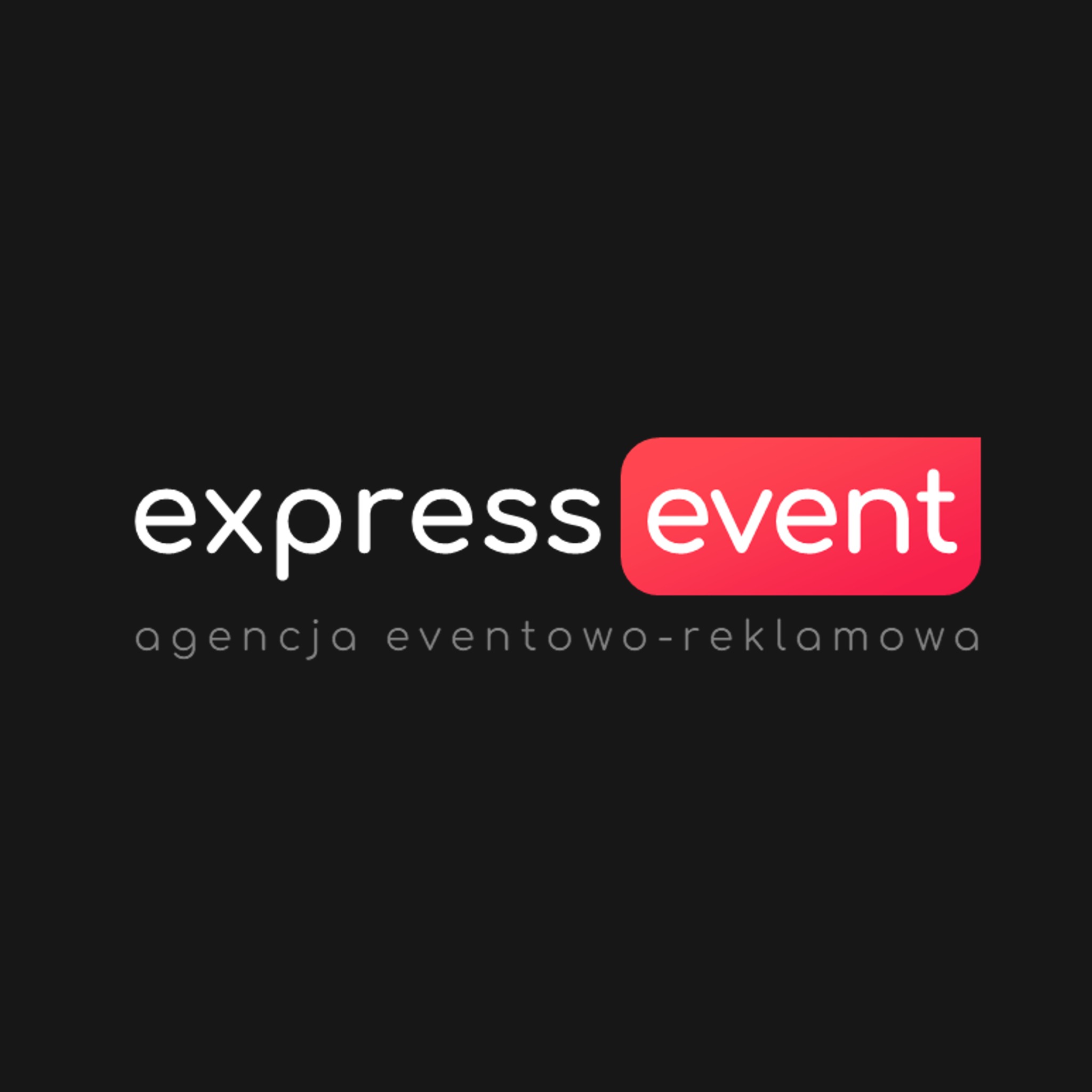 Logo firmy 'express event' z hasłem 'agencja eventowo-reklamowa' na czarnym tle. Czerwony element graficzny obok napisu 'event'.