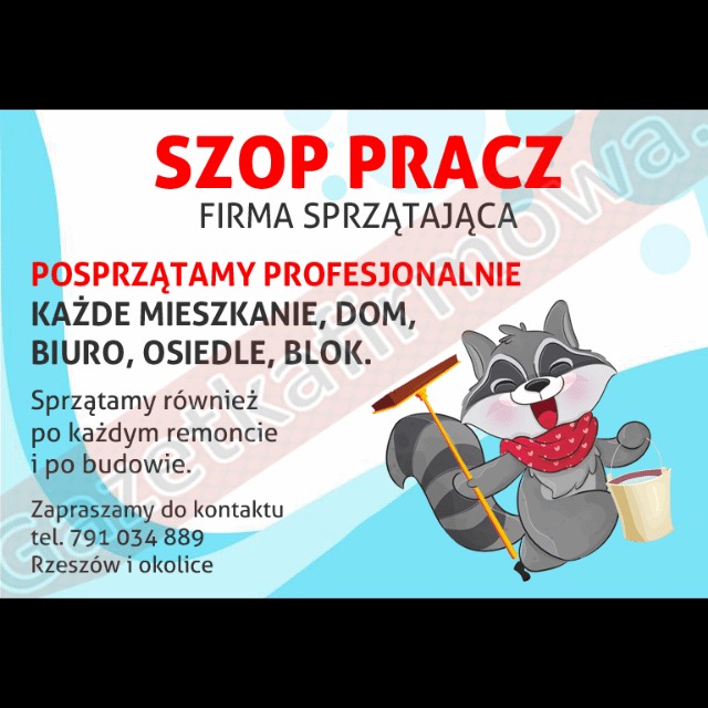 Baner firmy sprzątającej 'Szop Pracz' z ilustracją szopa pracza z mopem i wiadrem, oferującej profesjonalne sprzątanie mieszkań, domów i biur po remoncie.