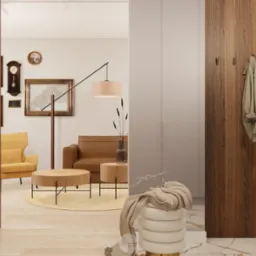 Nowoczesne wnętrze z drewnianą ścianą z wieszakami, na których wisi beżowy płaszcz. W tle widoczny salon z żółtym fotelem, brązową sofą i okrągłymi stolikami kawowymi na beżowym dywanie.