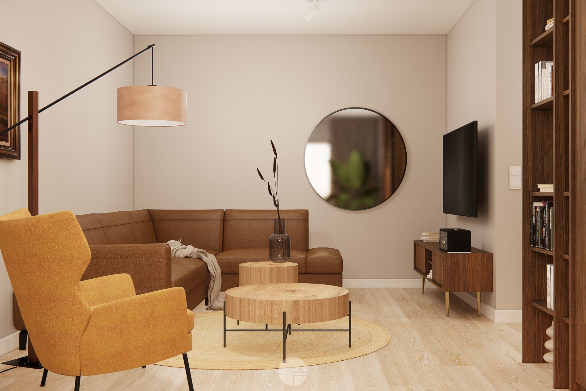 Wizualizacja salonu z narożną sofą w odcieniach brązu, okrągłym lustrem na ścianie, drewnianymi stolikami kawowymi, żółtym fotelem typu uszak i lampą podłogową z beżowym abażurem.