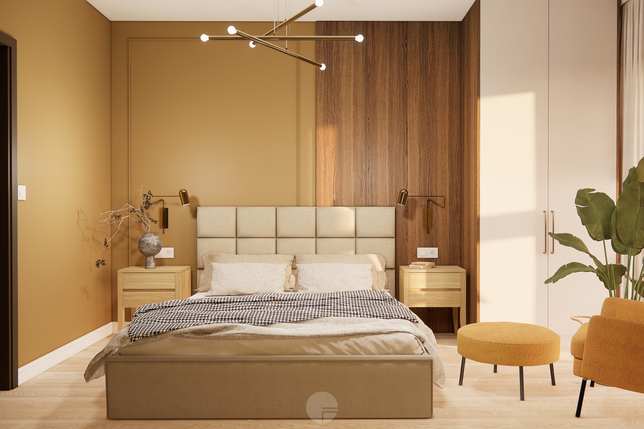 Sypialnia w odcieniach złotej jesieni z łóżkiem z tapicerowanym zagłówkiem, drewnianą ścianą i złotymi lampami, uzupełniona o fotel i roślinę doniczkową.
