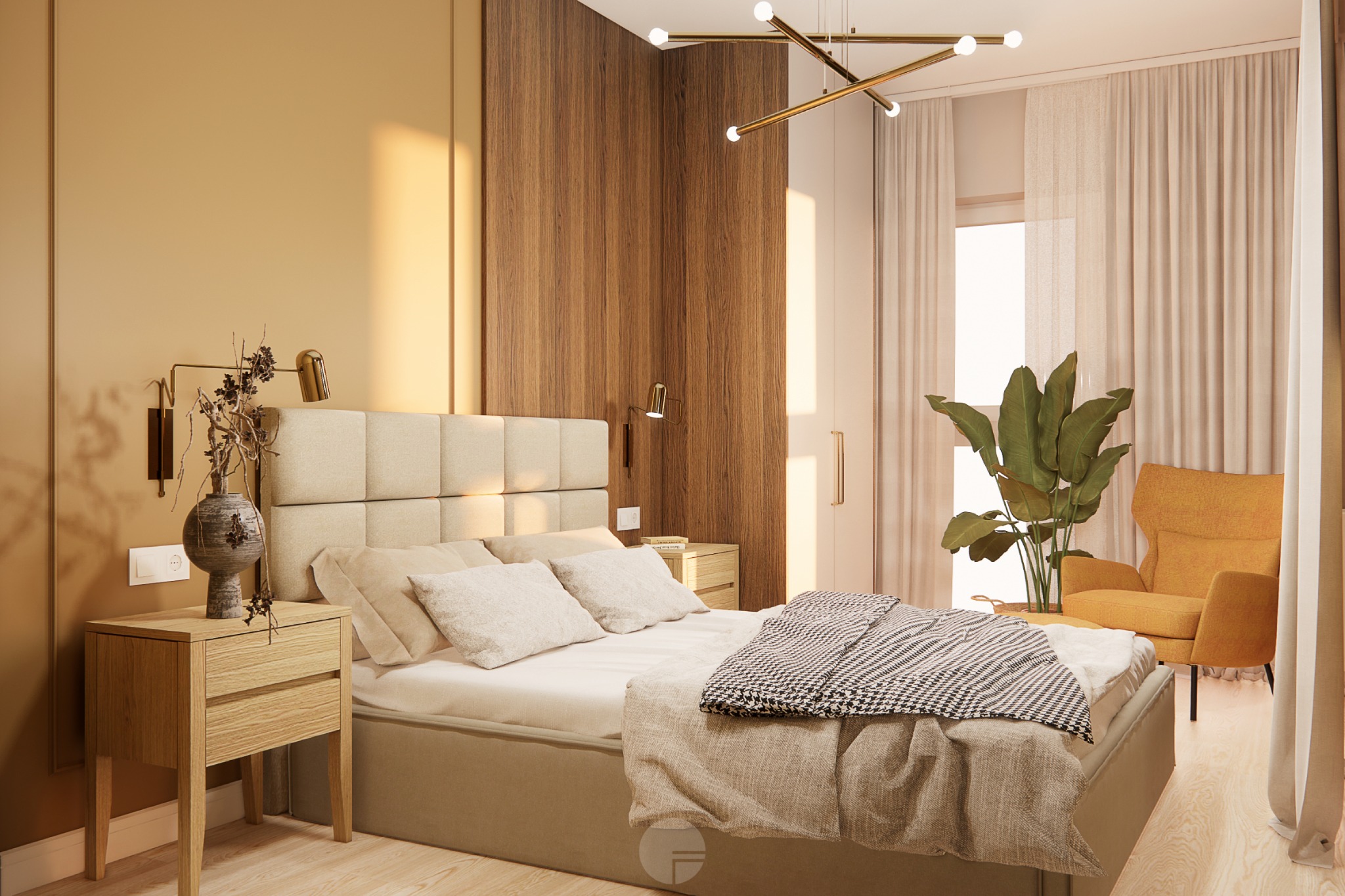 Jasna sypialnia w odcieniach beżu i złota z drewnianymi akcentami: łóżko z pikowanym zagłówkiem, lampki nocne, stolik, krzesło i egzotyczna roślina w tle