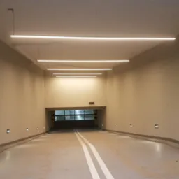 Oświetlenie LED w garażu podziemnym: rząd wiszących lamp liniowych i kwadratowych opraw w ścianach, z widocznym wjazdem.