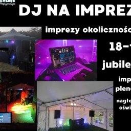 Szubert Events - DJ na imprezie: namiot eventowy z oświetleniem, sprzęt DJ-ski, parkiet taneczny z bawiącymi się ludźmi. Imprezy okolicznościowe, 18-tki, jubileusze, plener.