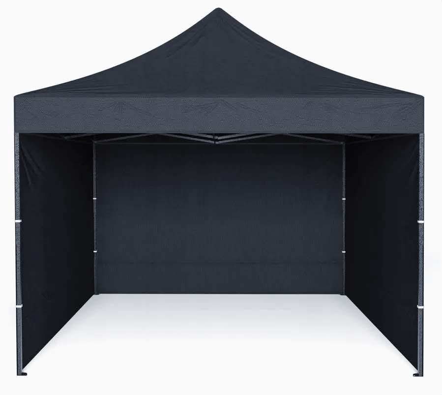 Rozłożony, grafitowy namiot eventowy z czterema ścianami, widok z wnętrza. Prosty, składany stelaż. Idealny na targi, imprezy plenerowe i pikniki.