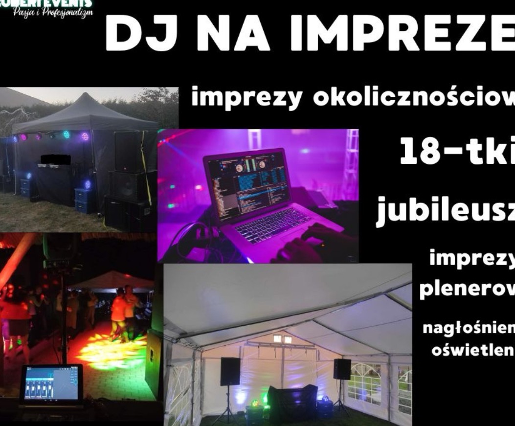 DJ na imprezie: namiot eventowy z oświetleniem, sprzęt DJ-ski, parkiet taneczny z bawiącymi się ludźmi. Imprezy okolicznościowe, 18-tki, jubileusze, plener.