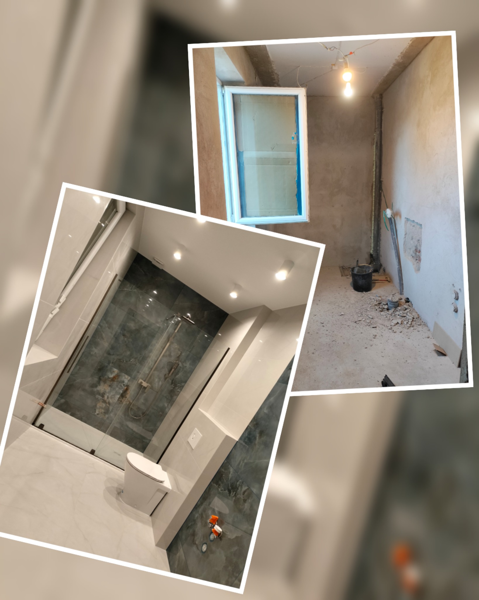 Fotografia przedstawia zestawienie dwóch ujęć łazienki: jedno w trakcie remontu z surowymi ścianami i otwartym oknem, drugie po zakończeniu prac z kabiną prysznicową, toaletą i punktowym oświetleniem.