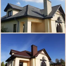 Porównanie przed i po: Dom jednorodzinny z nowym dachem z dachówki ceramicznej w kolorze grafitowym i brązowym, z widocznymi rynnami i kominem, na tle błękitnego nieba.