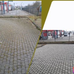 Wasz clean Piotr Waszewski - Kostka brukowa przed i po czyszczeniu, widoczne różnice w kolorze i czystości. Po lewej kostka z mchem, po prawej czysta, szara kostka brukowa. Tło stanowi myjnia samochodowa.