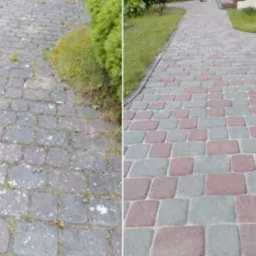 Porównanie kostki brukowej przed i po czyszczeniu: po lewej stronie zabrudzona mchem i porostami, po prawej czysta z widocznymi czerwono-szarymi kolorami.