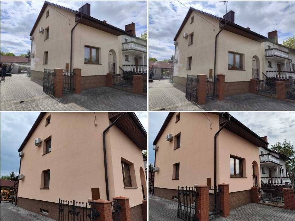 Czyszczenie elewacji domu jednorodzinnego z beżową elewacją. W tle widoczny pracownik myjący elewację pod ciśnieniem. Ujęcie z boku budynku.