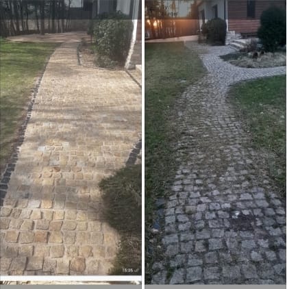 Kostka brukowa przed i po czyszczeniu: po lewej stronie jasna, wyczyszczona kostka, po prawej ciemna, zabrudzona. Widoczny fragment trawnika i budynku.